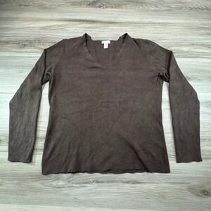 Chicos V Neck Long Sleeve Ribbed Knit Sweater Top Brown Size 2 Silk Blend